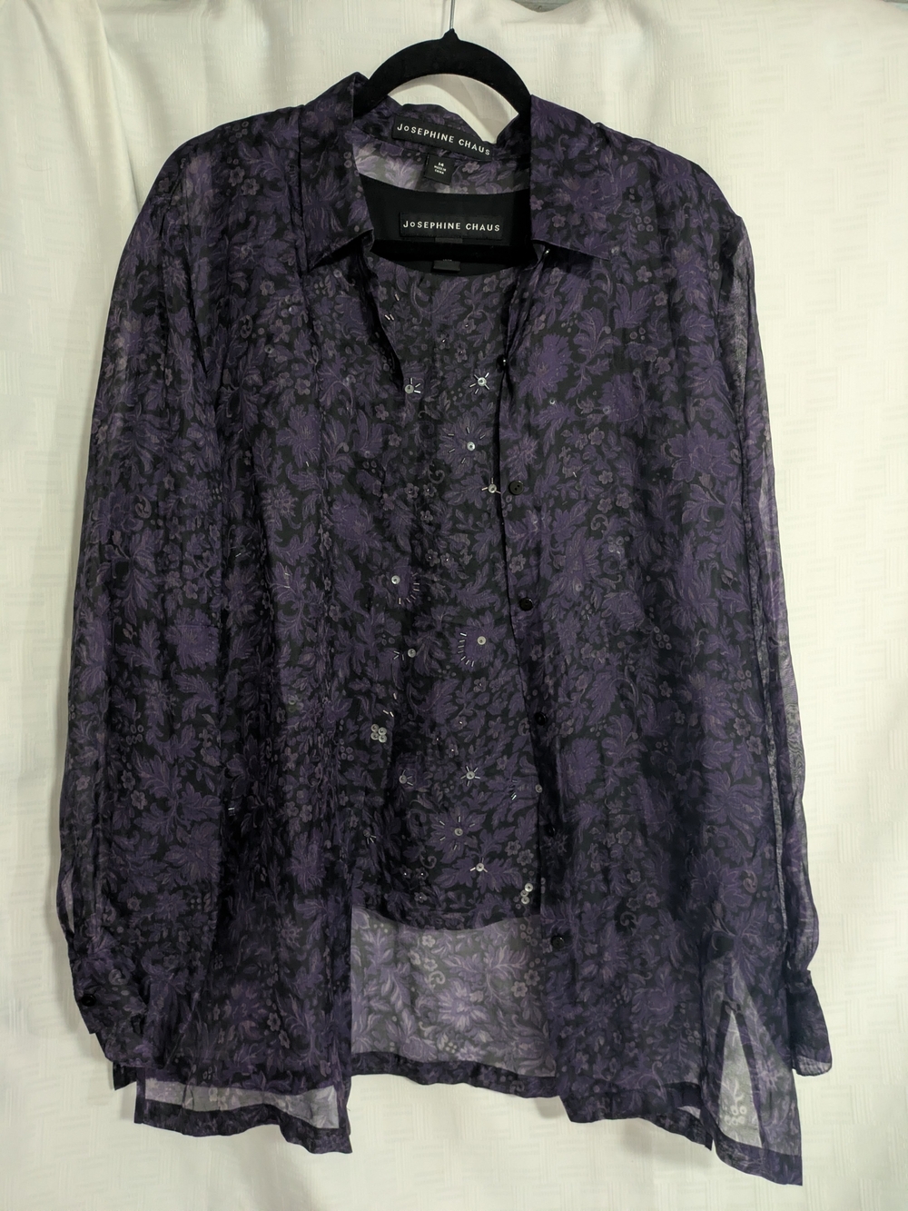 Vintage Josephine Chaus 100% Silk 2 Pc Twinset Floral Beaded Sheer Blouse Set